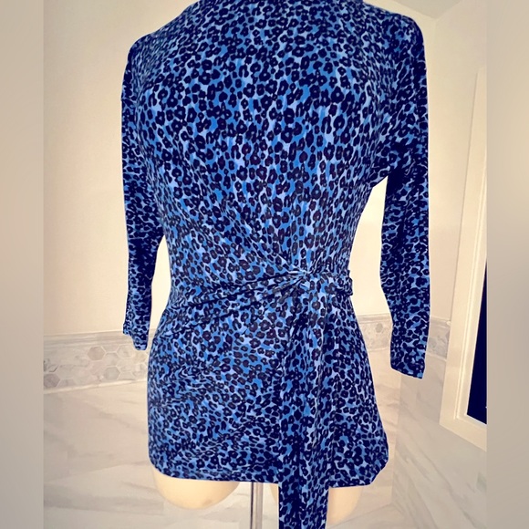 Ann Taylor Cheetah Print Blue Black 3/4 Sleeves Stretch Top Sz S - Picture 1 of 8